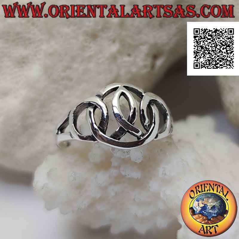 Smooth perforated silver ring with triple intertwined circles and pink bow inside