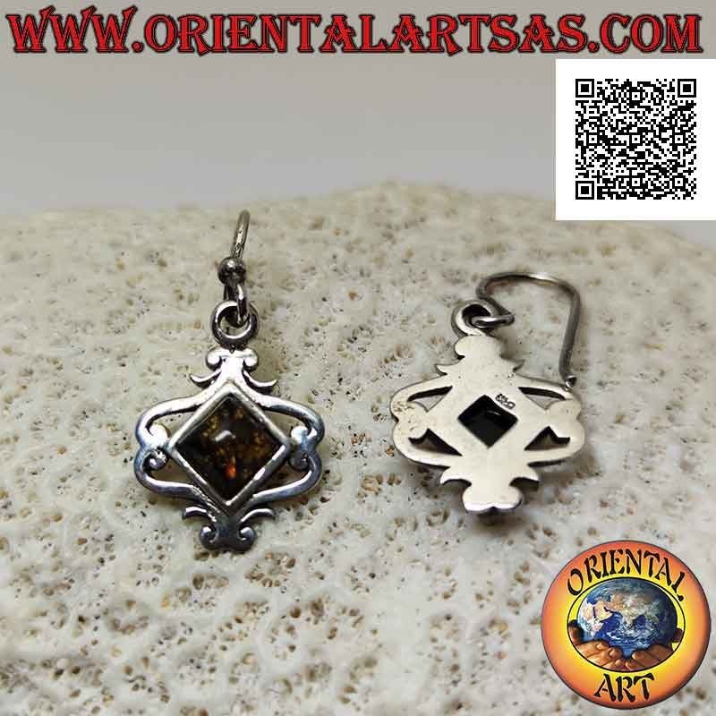 Boucles d'oreilles à levier en argent lisse avec ambre losange carré et lignes baroques sinueuses