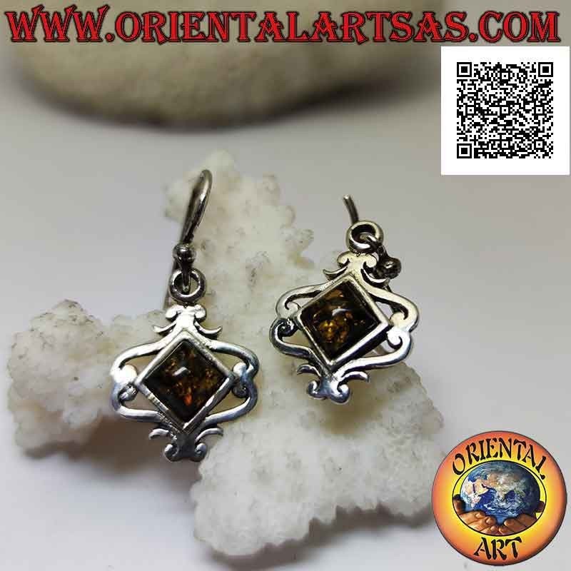 Boucles d'oreilles à levier en argent lisse avec ambre losange carré et lignes baroques sinueuses