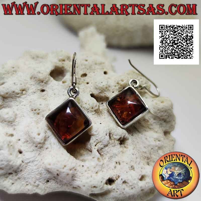 Silver leverback earrings with square rhomboid cabochon amber and narrow smooth edge
