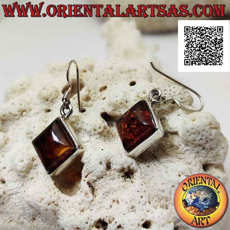 Silberne Ohrringe mit quadratischem Rhomboid-Cabochon-Bernstein und schmaler, glatter Kante