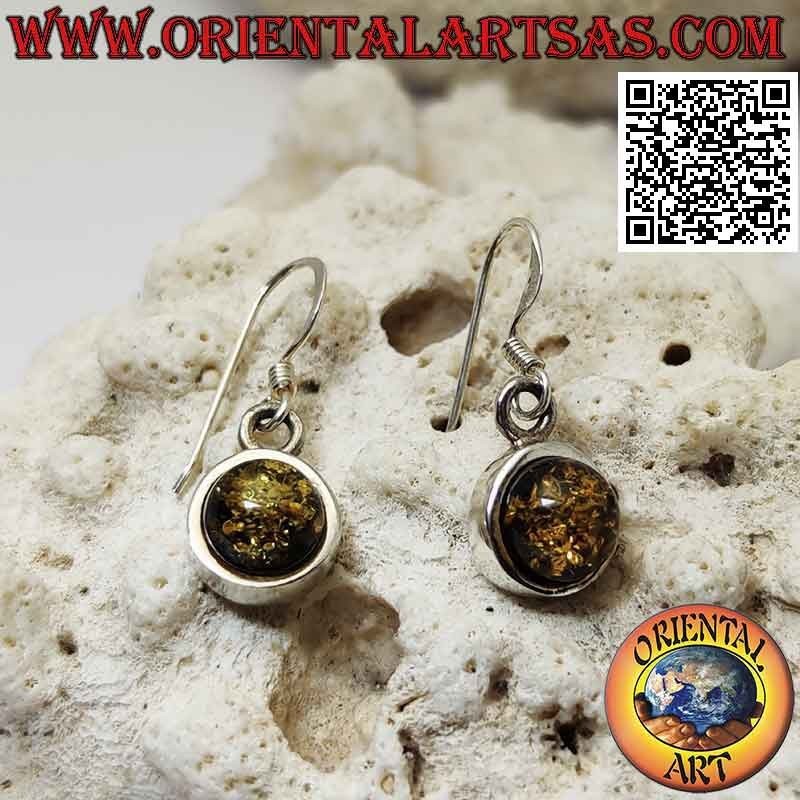 Smooth silver leverback earrings with green cabochon round amber