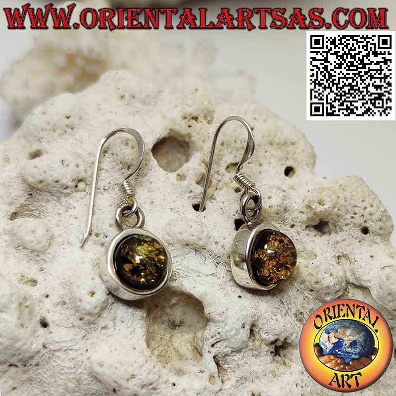 Smooth silver leverback earrings with green cabochon round amber