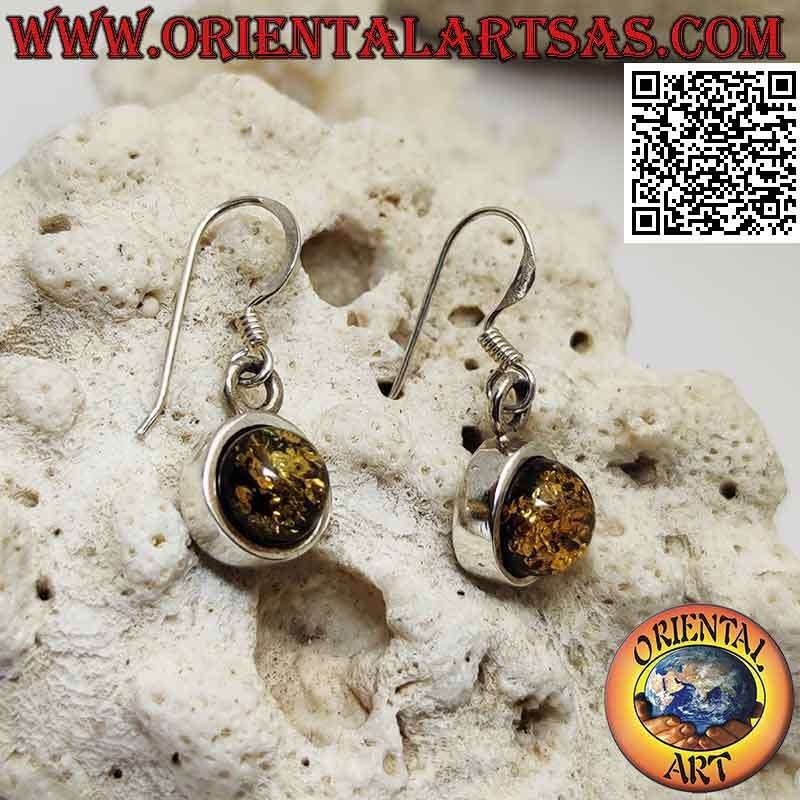 Pendientes de plata lisa con palanca con cabujón verde ámbar redondo