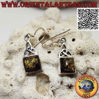 Silver leverback earrings with square cabochon amber and Tyrone knot above