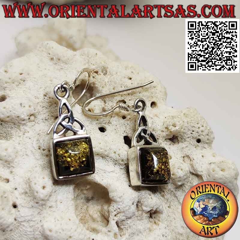 Silberne Hebelohrringe mit quadratischem Cabochon-Bernstein und Tyrone-Knoten oben