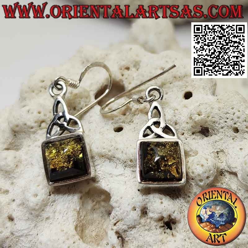 Silberne Hebelohrringe mit quadratischem Cabochon-Bernstein und Tyrone-Knoten oben