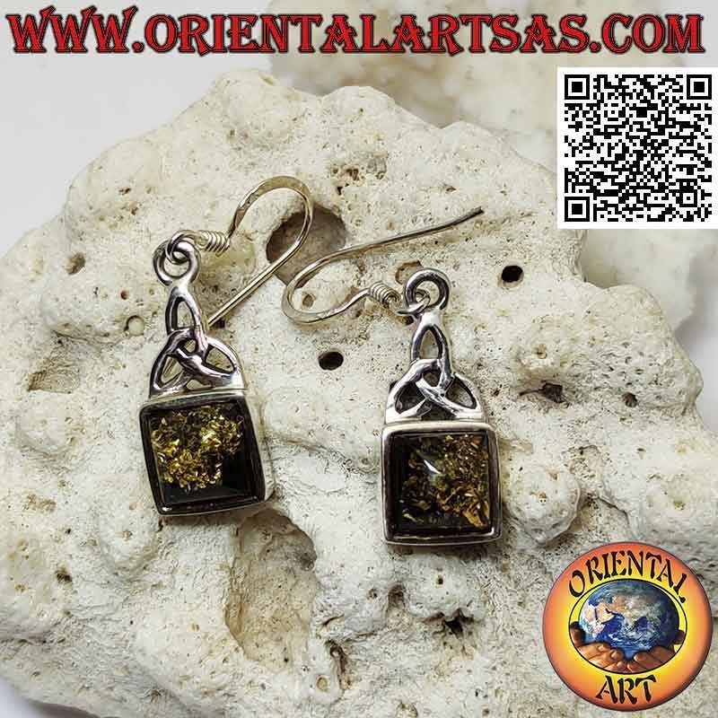 Boucles d'oreilles en argent avec cabochon carré ambre et nœud Tyrone dessus