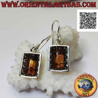 Pendientes de palanca de plata con ámbar cabujón rectangular y marco perforado