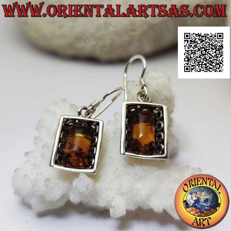 Boucles d'oreilles en argent avec cabochon rectangulaire ambre et cadre perforé