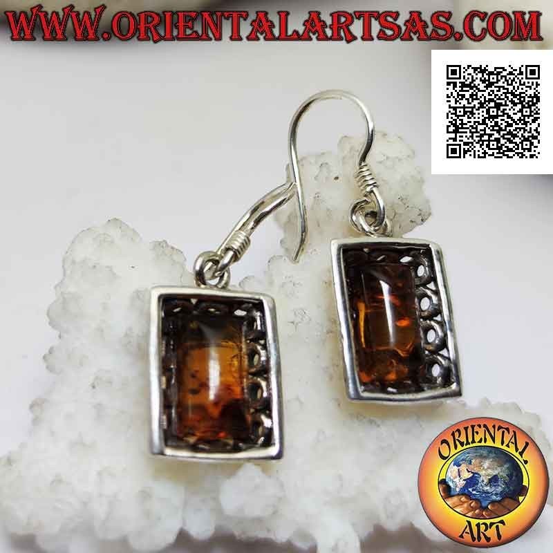 Silver leverback earrings with rectangular cabochon amber and perforated frame