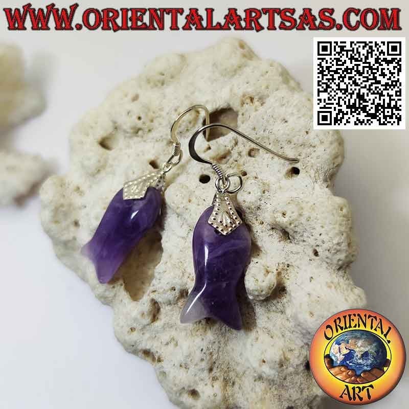 Silver hook earrings with hooked fish-shaped amethyst
