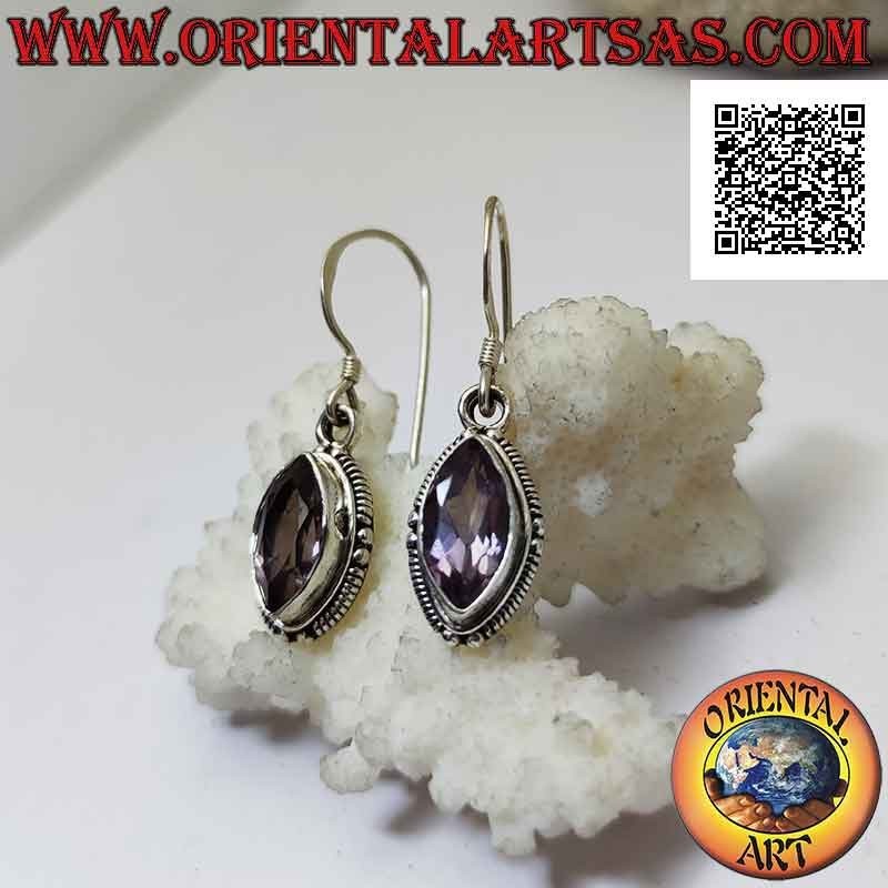 Silver leverback earrings with faceted shuttle amethyst surrounded by interweaving and balls
