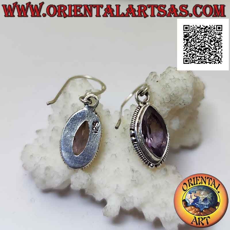 Boucles d'oreilles en argent avec améthyste navette à facettes entourées d'entrelacs et de boules