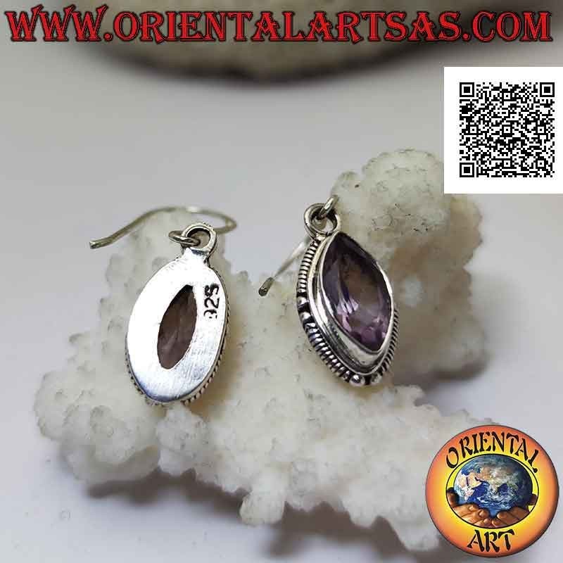 Silver leverback earrings with faceted shuttle amethyst surrounded by interweaving and balls