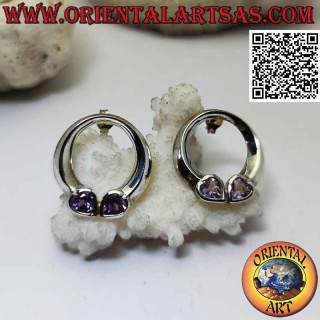 Silver lobe earrings with smooth circle and double amethyst heart