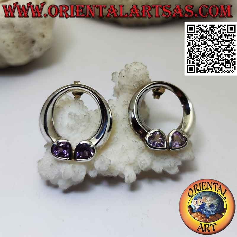Silver lobe earrings with smooth circle and double amethyst heart