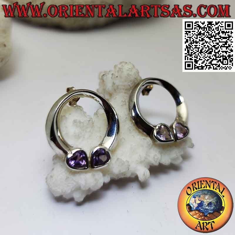 Boucles d'oreilles lobe en argent avec cercle lisse et double cœur en améthyste