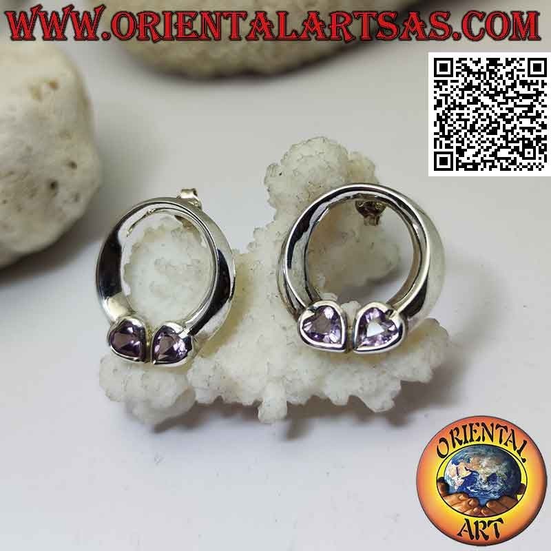 Boucles d'oreilles lobe en argent avec cercle lisse et double cœur en améthyste