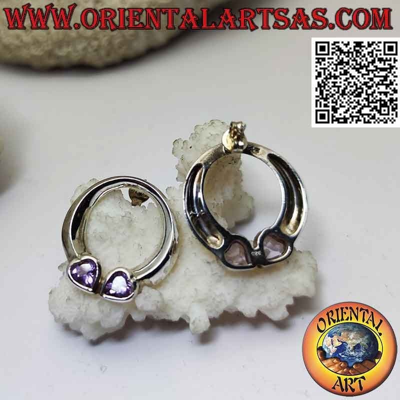Boucles d'oreilles lobe en argent avec cercle lisse et double cœur en améthyste