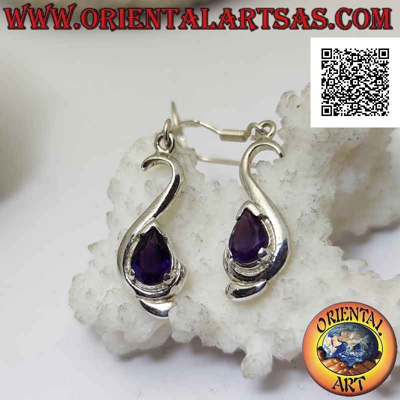 Boucles d'oreilles à levier en argent, "S" lisse avec améthyste en forme de goutte sertie en bas