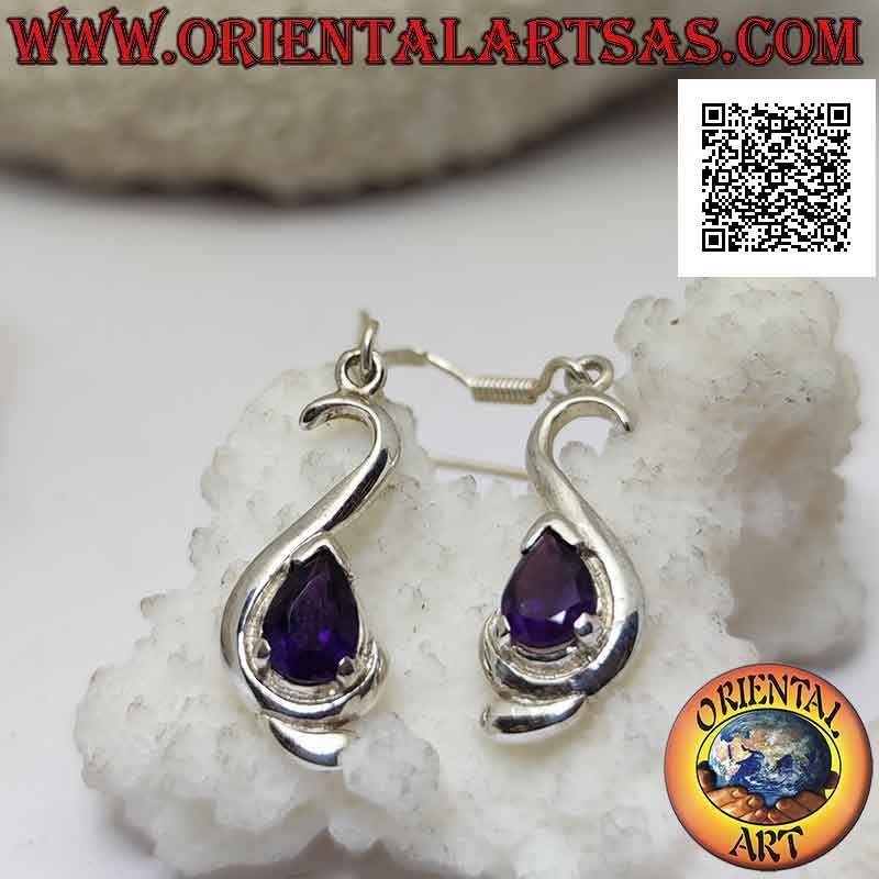 Silberne Hebelohrringe, glattes "S" mit tropfenförmigem Amethyst unten
