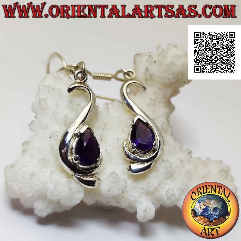Boucles d'oreilles à levier en argent, "S" lisse avec améthyste en forme de goutte sertie en bas