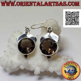 Boucles d'oreilles à levier en argent avec topaze fumée ronde facettée et deux feuilles d'argent lisses sur le dessus