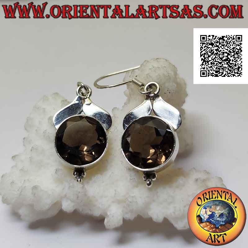 Silver leverback earrings with faceted round smoky topaz and two smooth silver leaves on top