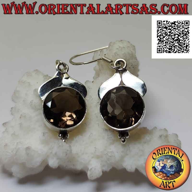 Silver leverback earrings with faceted round smoky topaz and two smooth silver leaves on top