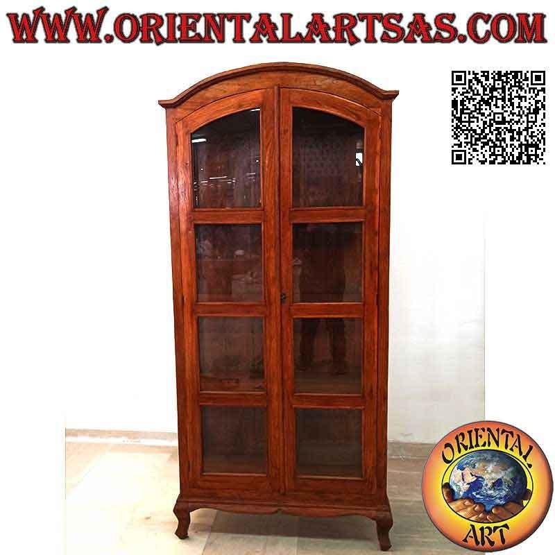 Hohe Vitrine mit Doppeltür und vier Regalen mit gebogener Oberseite aus Teakholz