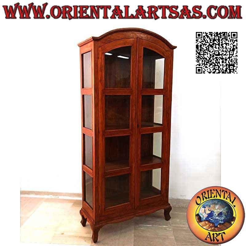 Hohe Vitrine mit Doppeltür und vier Regalen mit gebogener Oberseite aus Teakholz