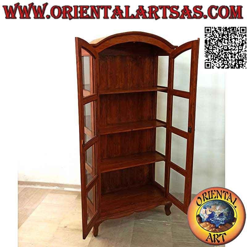 Vitrina alta con puerta doble y cuatro estantes con tapa curvada en madera de teca