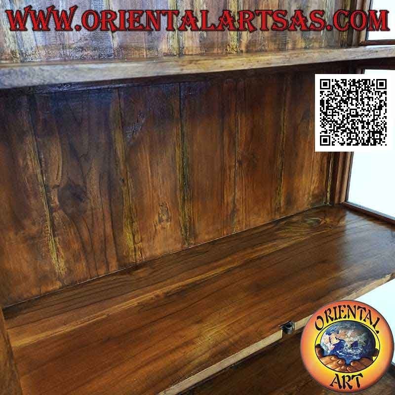 High showcase with double door and four shelves with curved top in teak wood