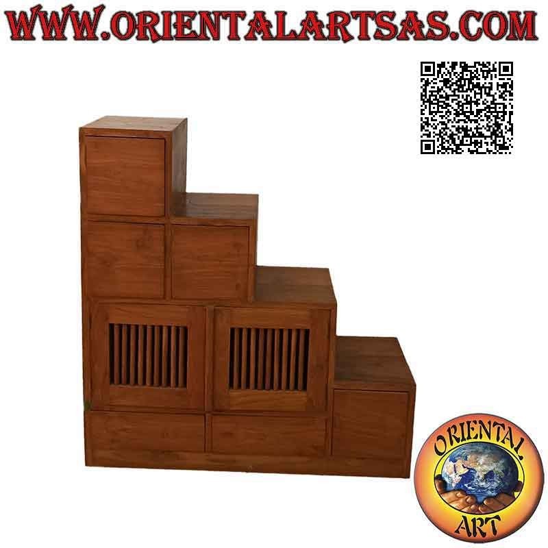 Mobile da ingresso a scala con 4+2 cassetti e doppia anta, in legno di teak (sinistra)