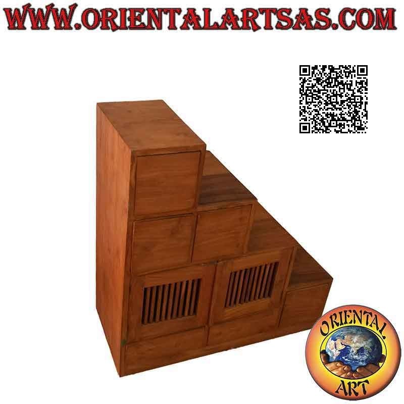 Mueble de entrada con escalera de 4 + 2 cajones y puerta doble, en madera de teca (izquierda)