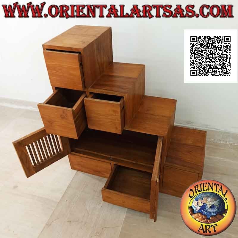 Mueble de entrada con escalera de 4 + 2 cajones y puerta doble, en madera de teca (izquierda)