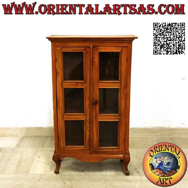 Vitrina rectangular con puerta doble y tres baldas con patas curvas en madera de teca