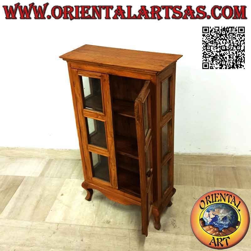 Rectangular showcase with double door and three shelves with curved feet in teak wood