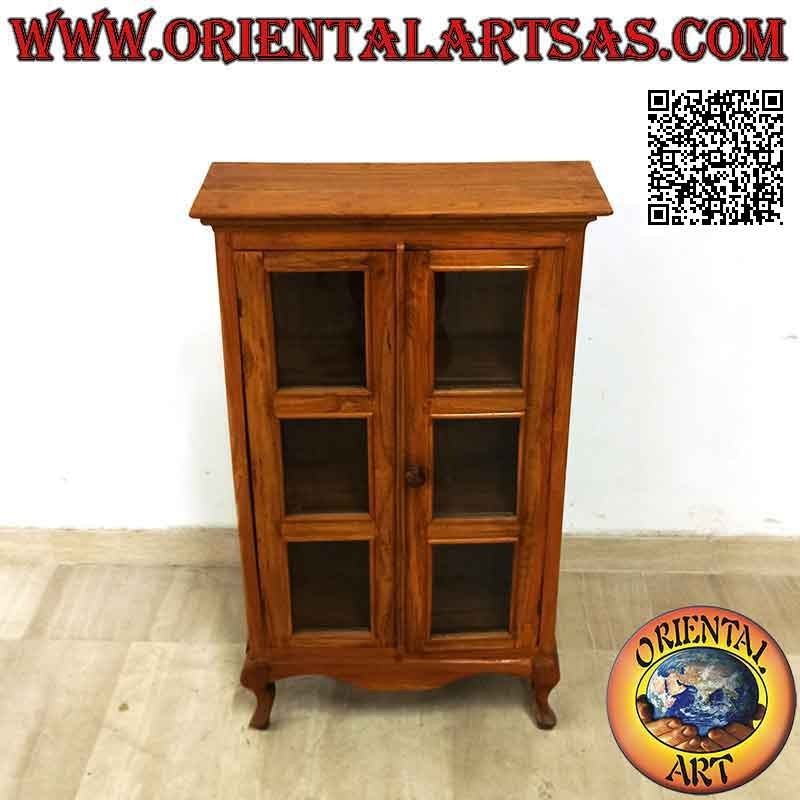Vitrina rectangular con puerta doble y tres baldas con patas curvas en madera de teca
