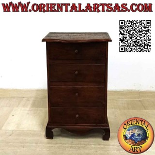 Mesita de noche alta con cuatro cajones y pies curvos en madera de teca
