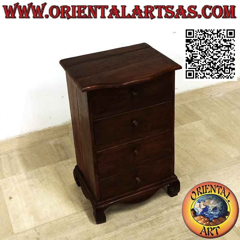 Mesita de noche alta con cuatro cajones y pies curvos en madera de teca