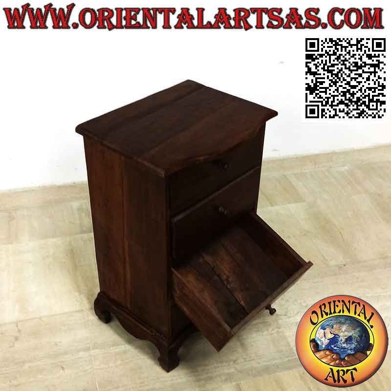 High bedside table with four drawers and curved feet in teak wood