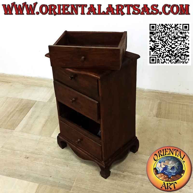 Mesita de noche alta con cuatro cajones y pies curvos en madera de teca