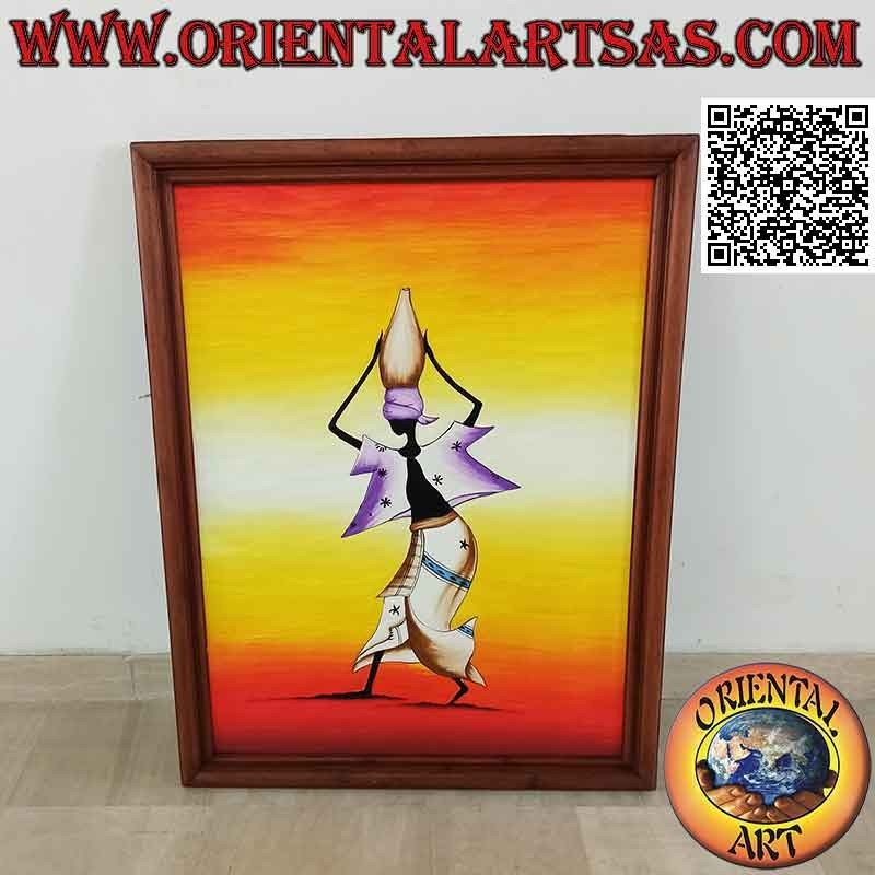 Cuadro pintado a mano sobre madera en estilo saharaui, "La mujer deshidratando (portadora de agua) en el desierto"