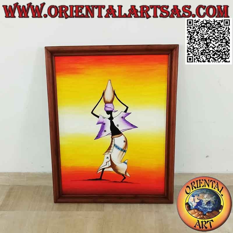 Hand painted picture on wood in Sahara style, "The woman dewatering (water carrier) in the desert"