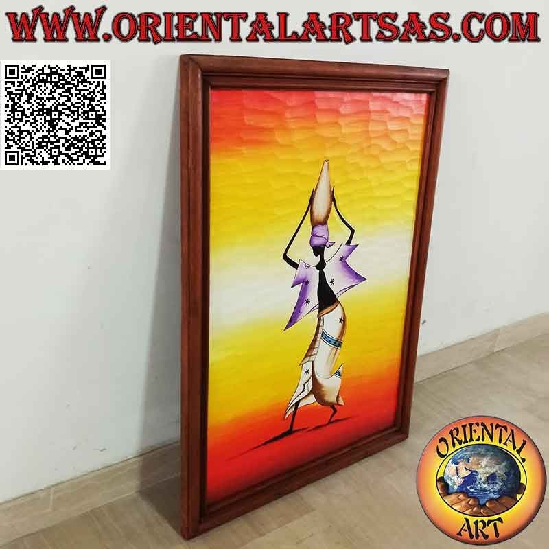Cuadro pintado a mano sobre madera en estilo saharaui, "La mujer deshidratando (portadora de agua) en el desierto"