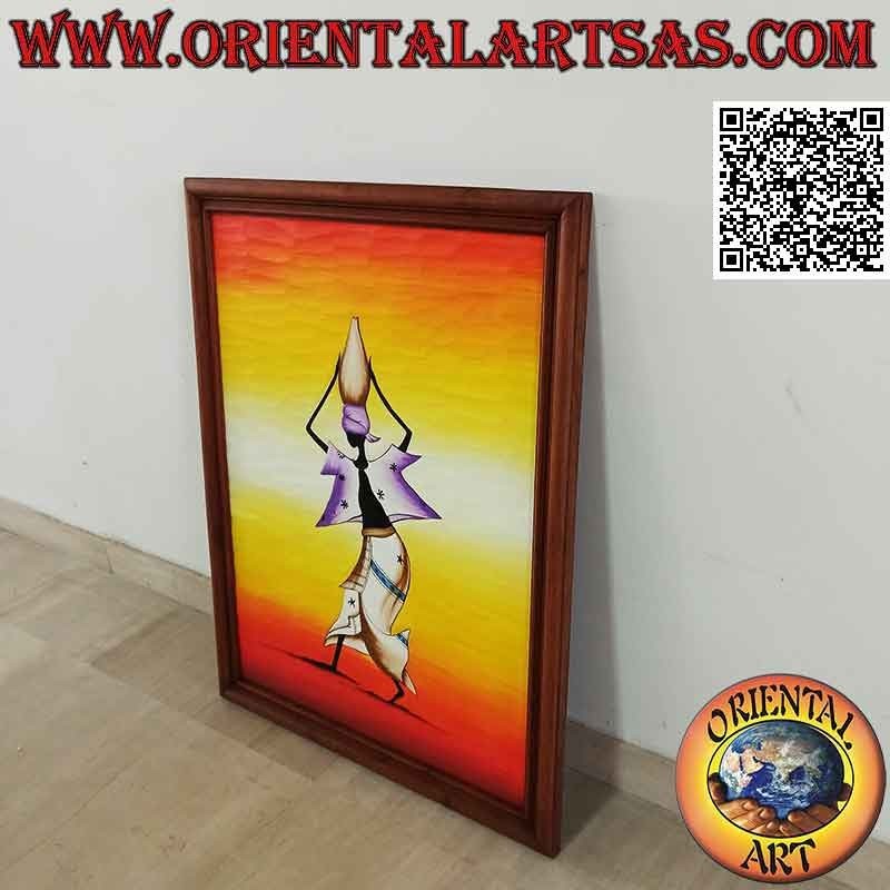 Quadro dipinto a mano su legno in stile Sahara, "La donna idrovora (portatrice di acqua) nel deserto"