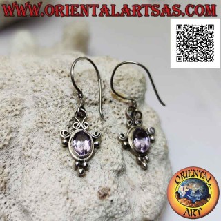 Silver leverback earrings with faceted oval amethyst surrounded by curved lines and balls
