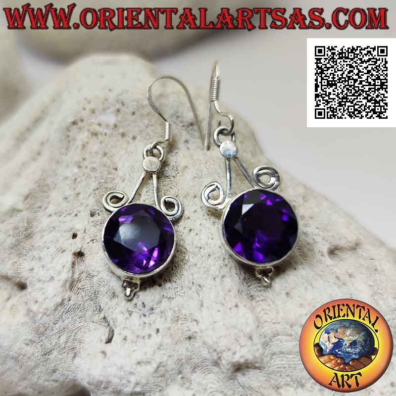 Silver leverback earrings with round faceted amethyst hooked to two and with trio of balls underneath
